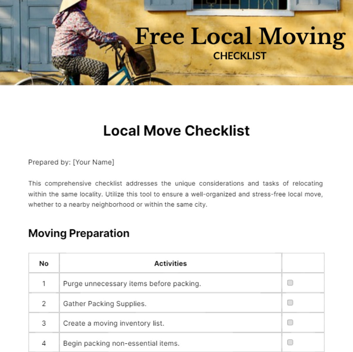 Local Moving Checklist Template