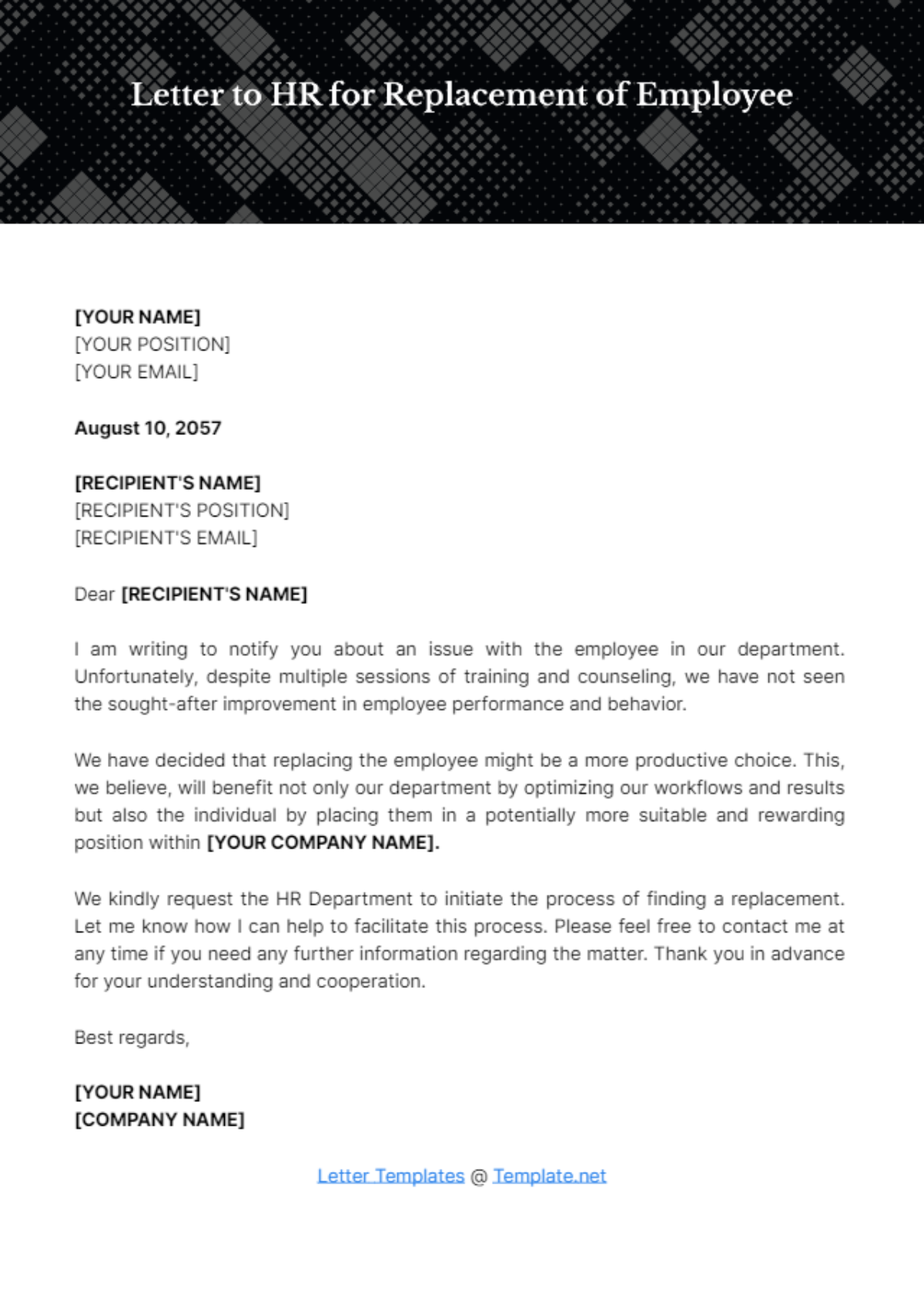 Free Letter to HR for Replacement of Employee Template