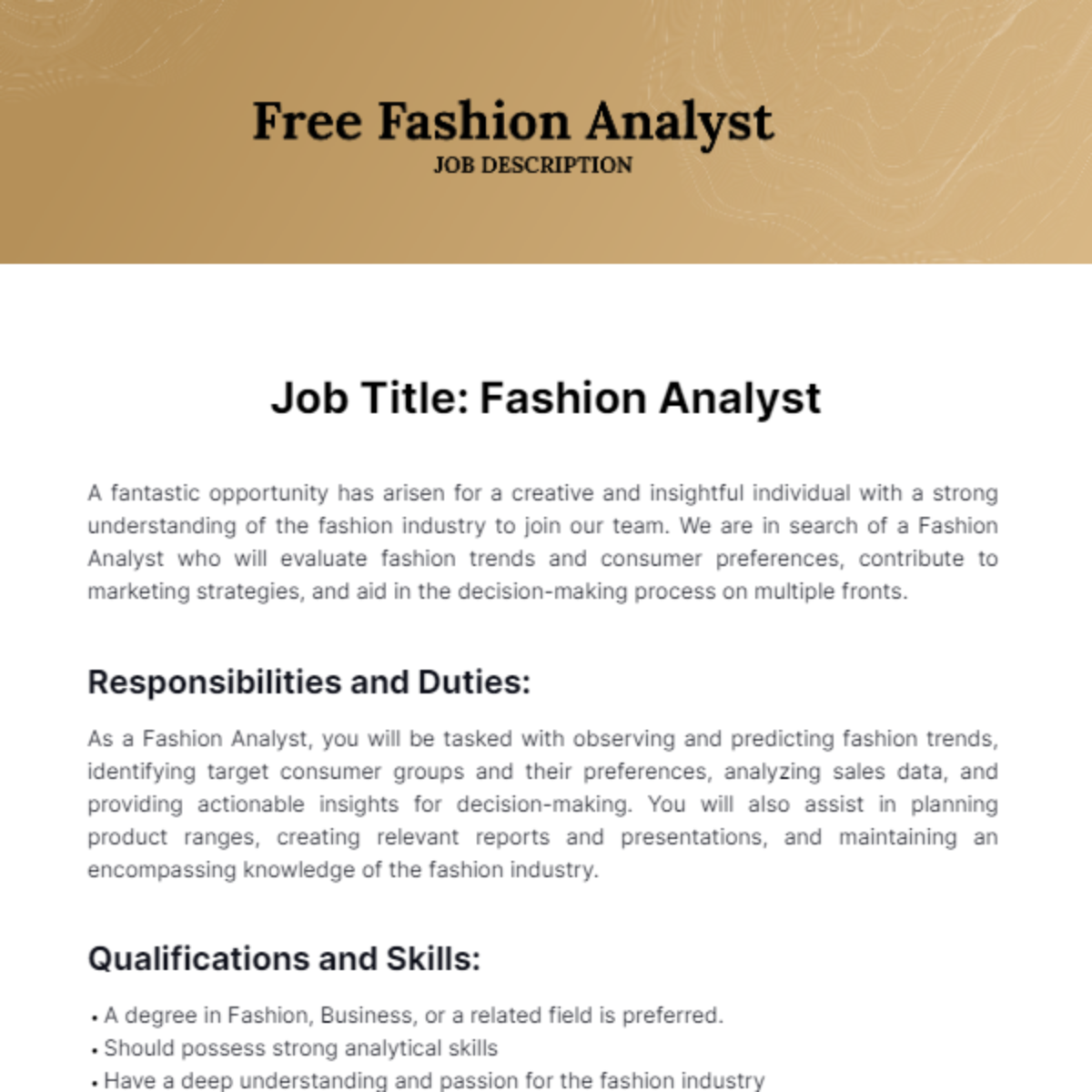 Free Fashion Analyst Job Description Template