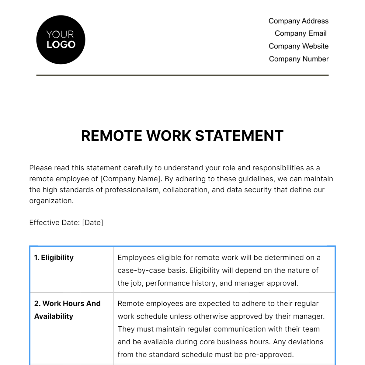 Remote Work Statement HR Template - Edit Online & Download