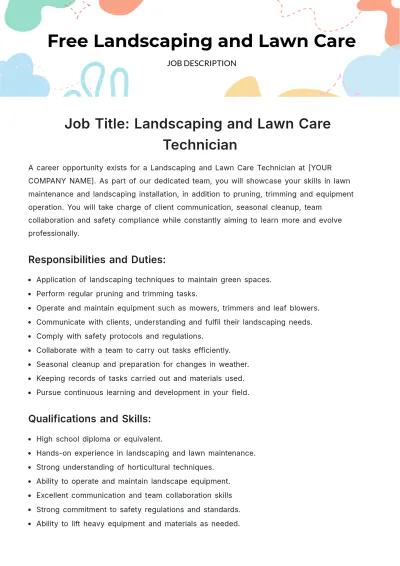 Free Landscaping and Lawn Care Job Description Template to Edit Online