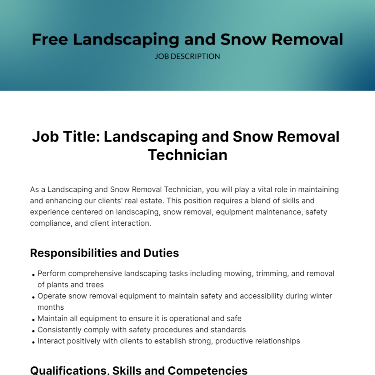 Free Landscaping and Snow Removal Job Description Template