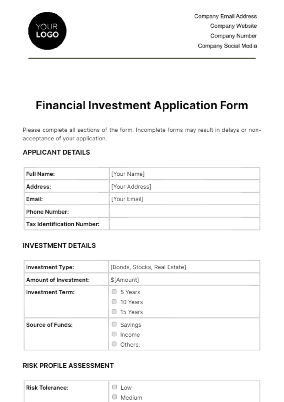 Free Financial Investment Application Form Template