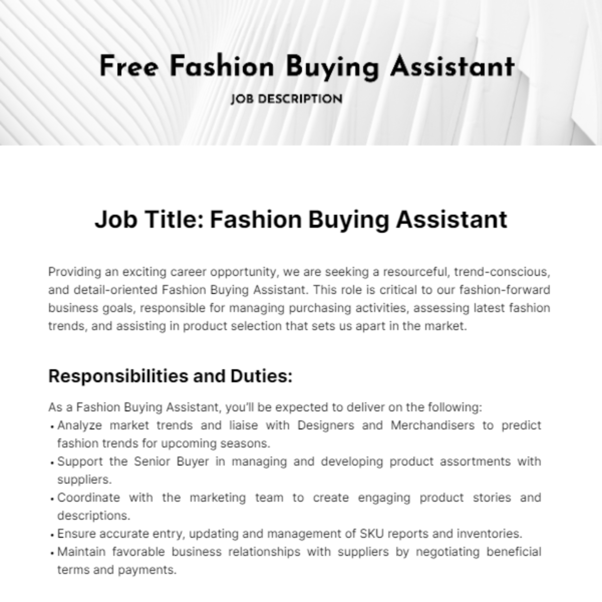 Fashion Buying Assistant Job Description Template