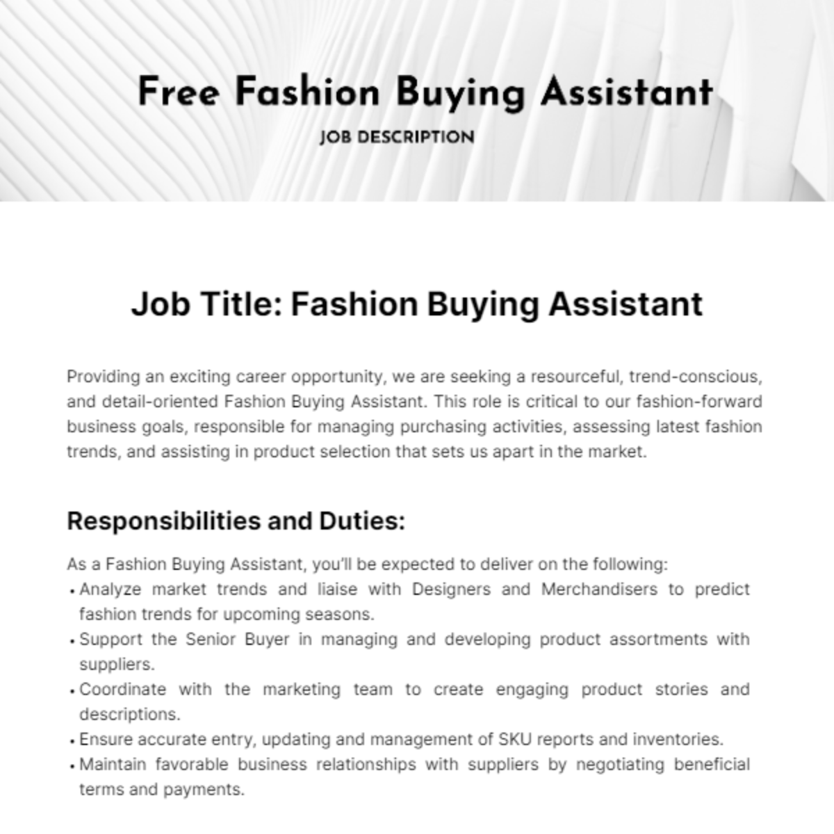 Fashion Buying Assistant Job Description Template Edit Online 