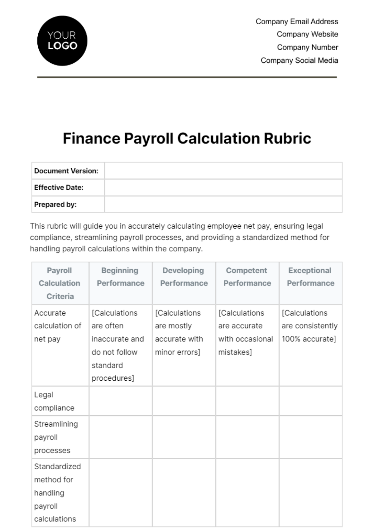 Finance Payroll Calculation Rubric Template