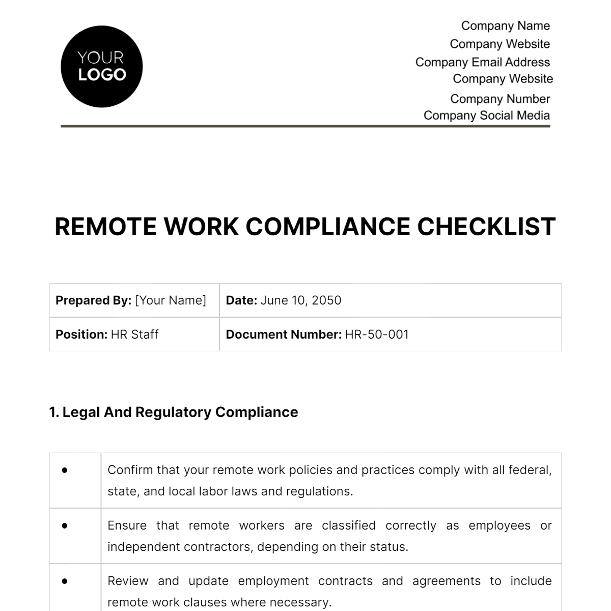 Remote Work Compliance Checklist HR Template