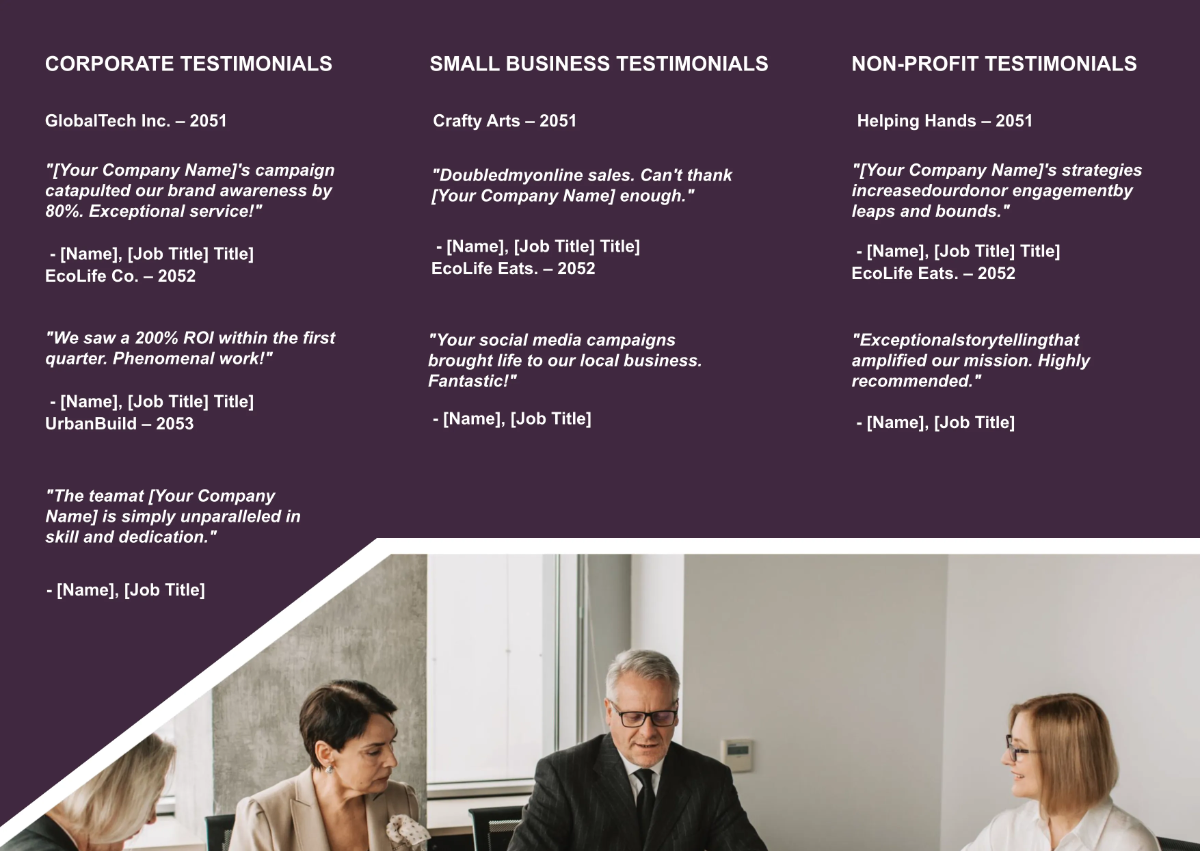 Free Marketing Client Testimonials Pamphlet Template to Edit Online