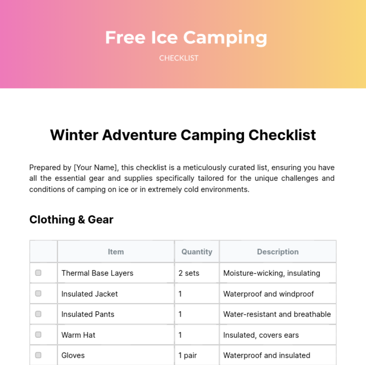 Ice Camping Checklist Template