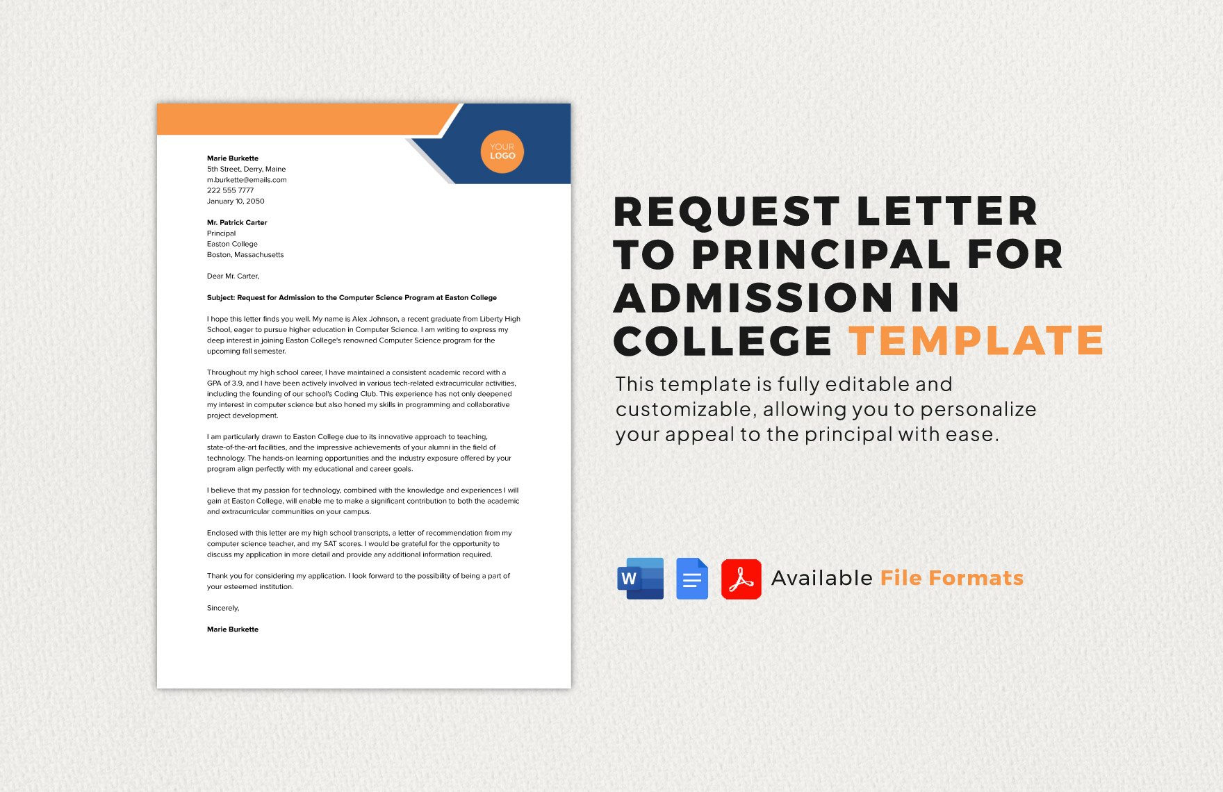 Request Letter to Principal for Admission in College Template