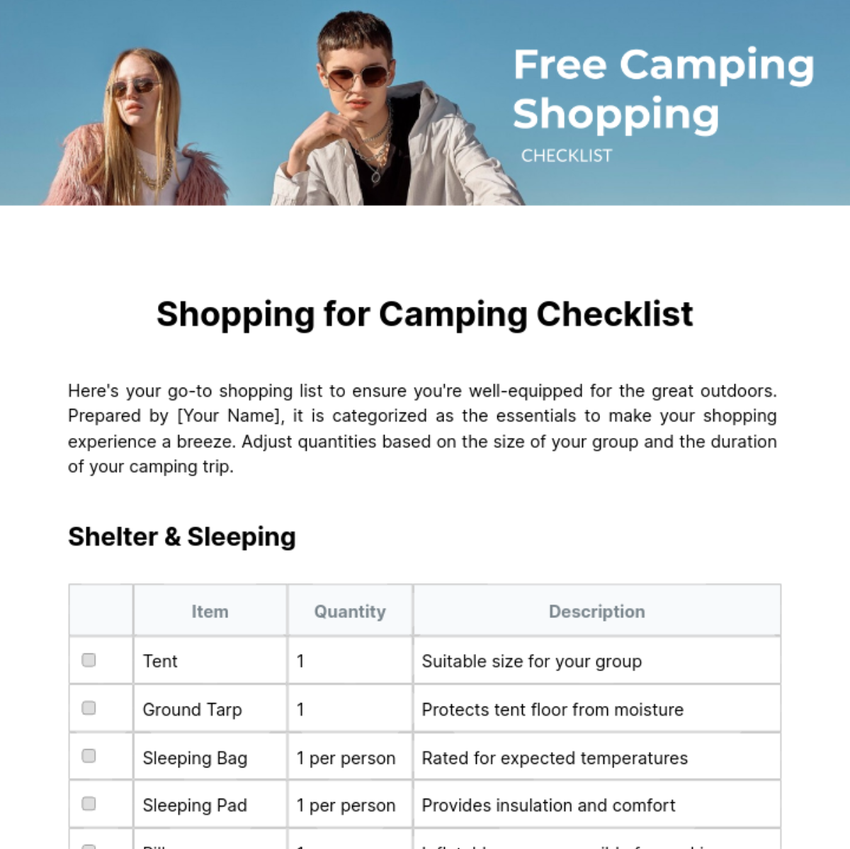 Camping Shopping Checklist Template