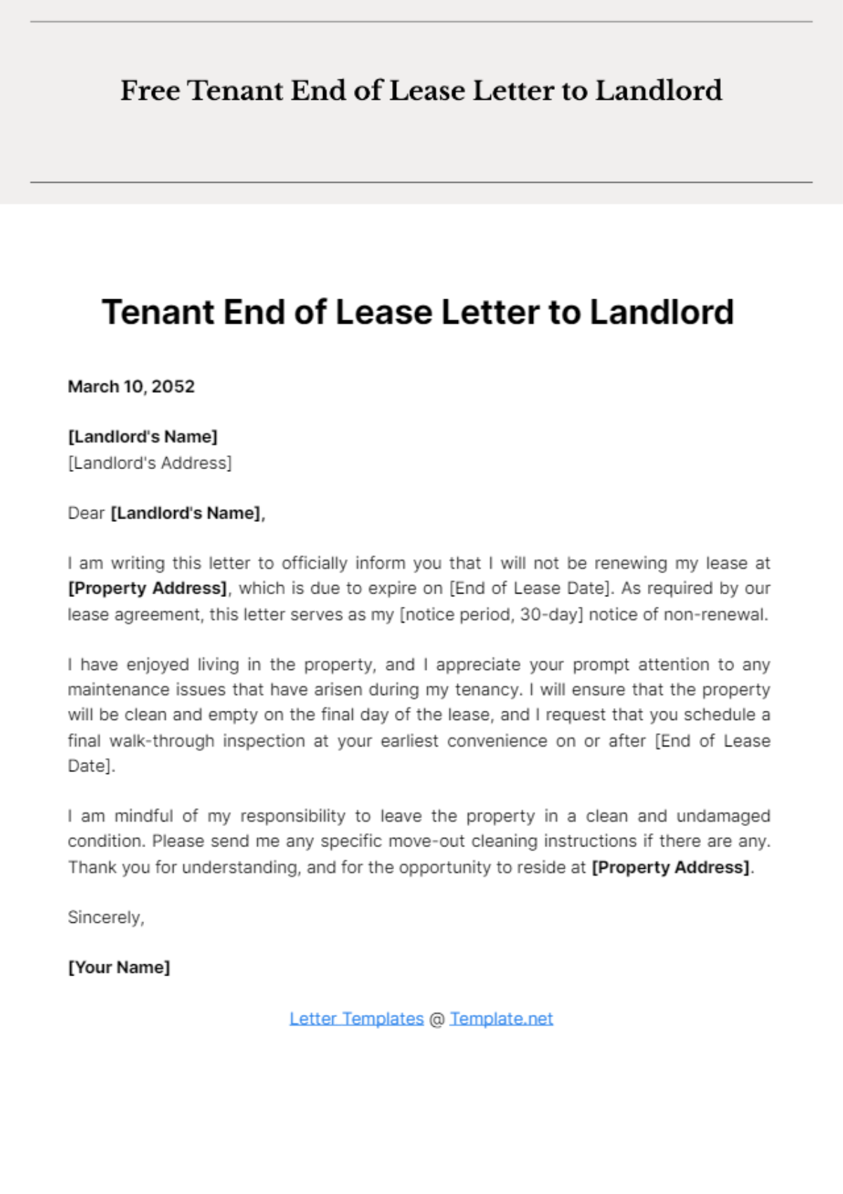 Free Tenant End of Lease Letter to Landlord Template