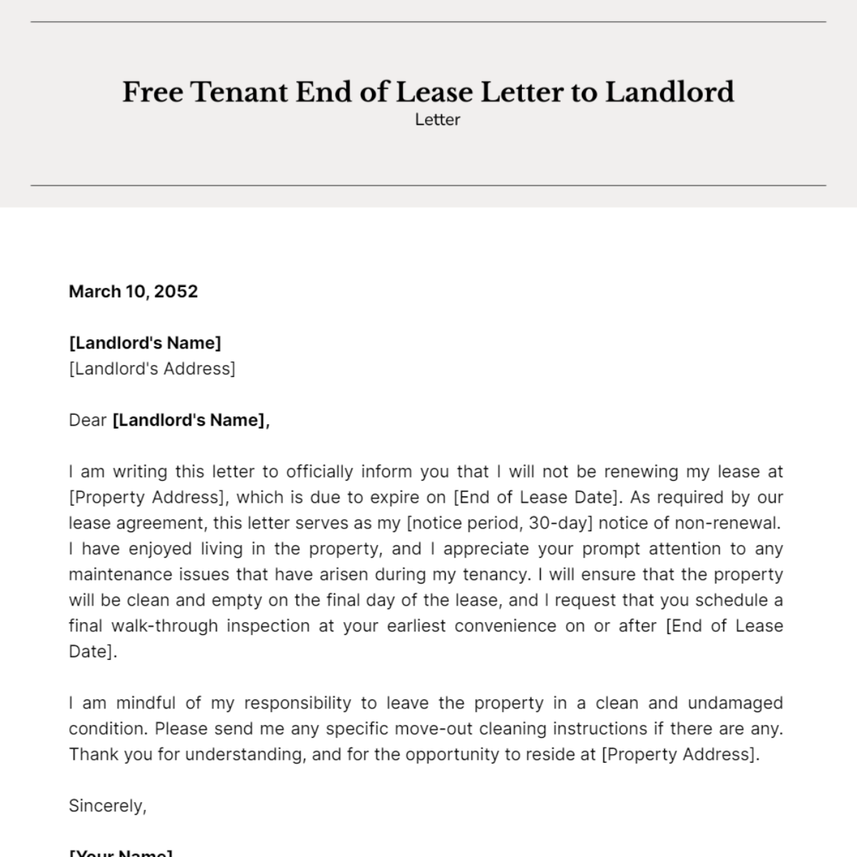 Tenant End of Lease Letter to Landlord Template