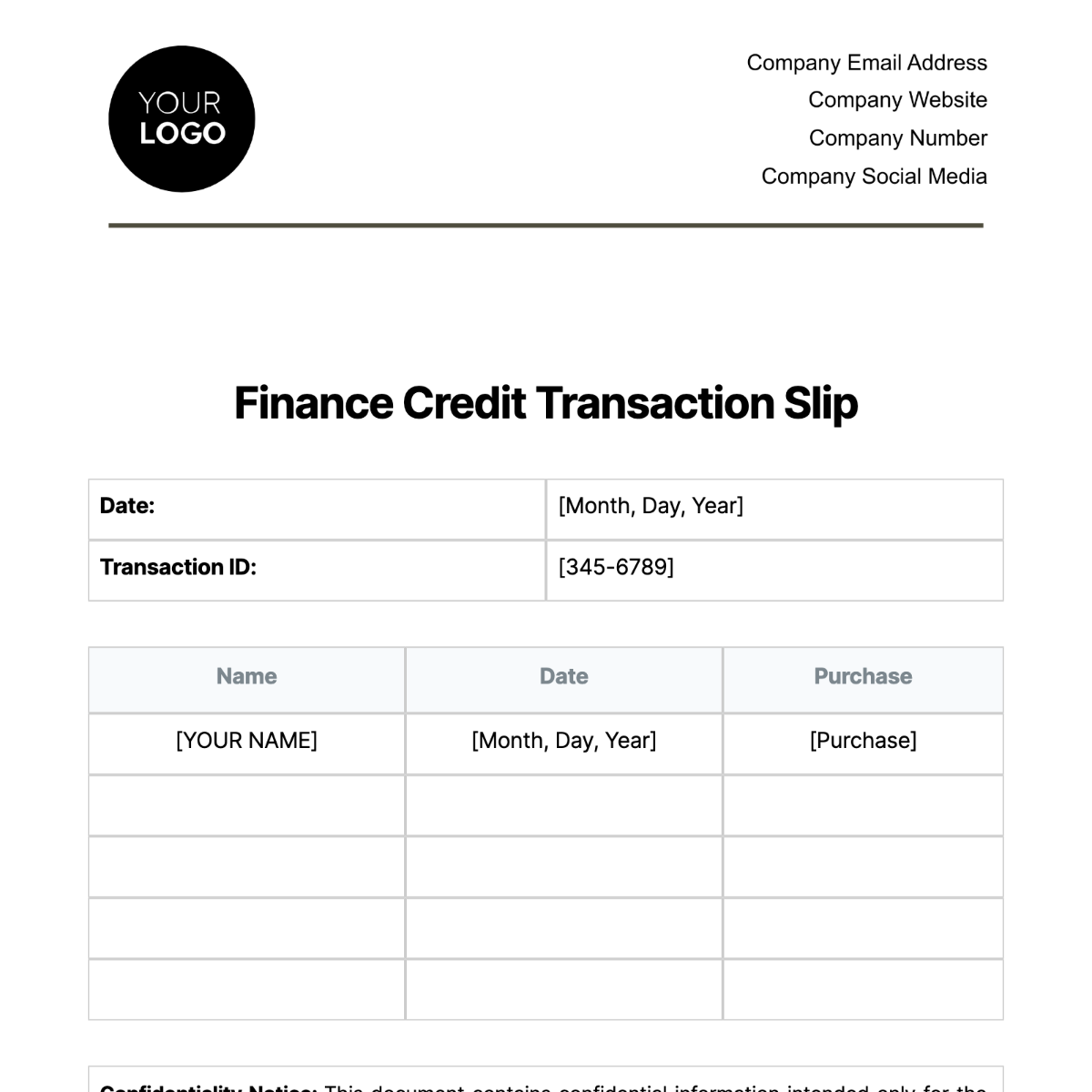 Finance Credit Transaction Slip Template