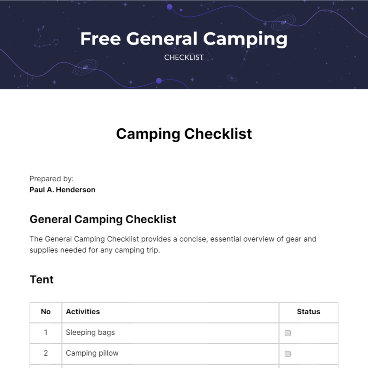 General Camping Checklist Template Edit Online Download Example