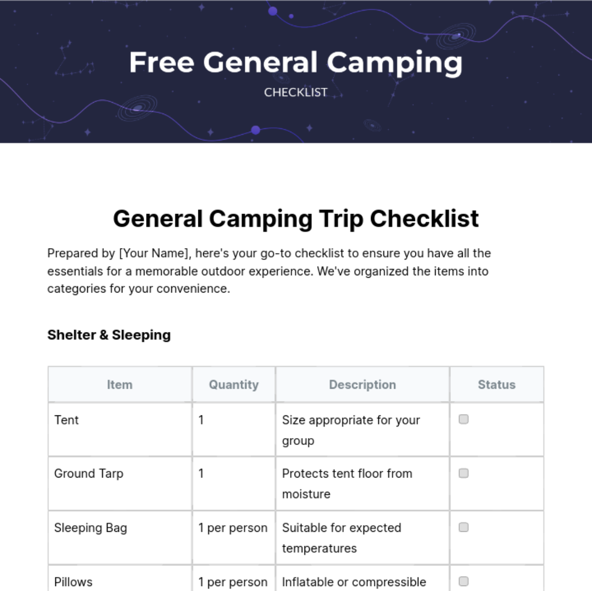General Camping Checklist Template