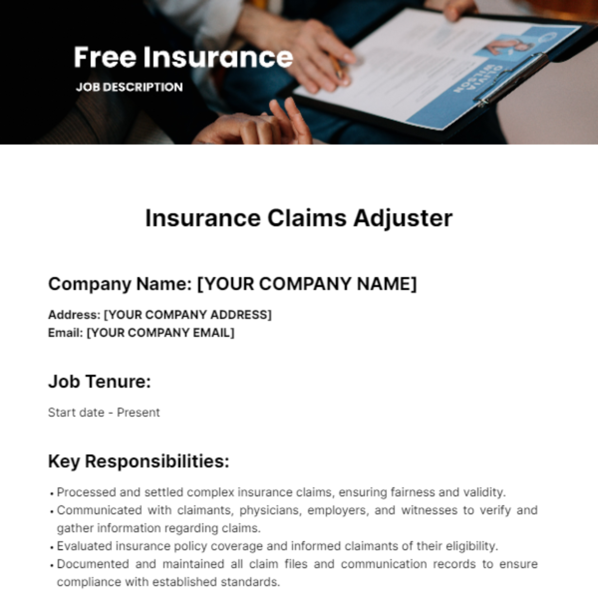 Free Insurance Job Description for Resume Template
