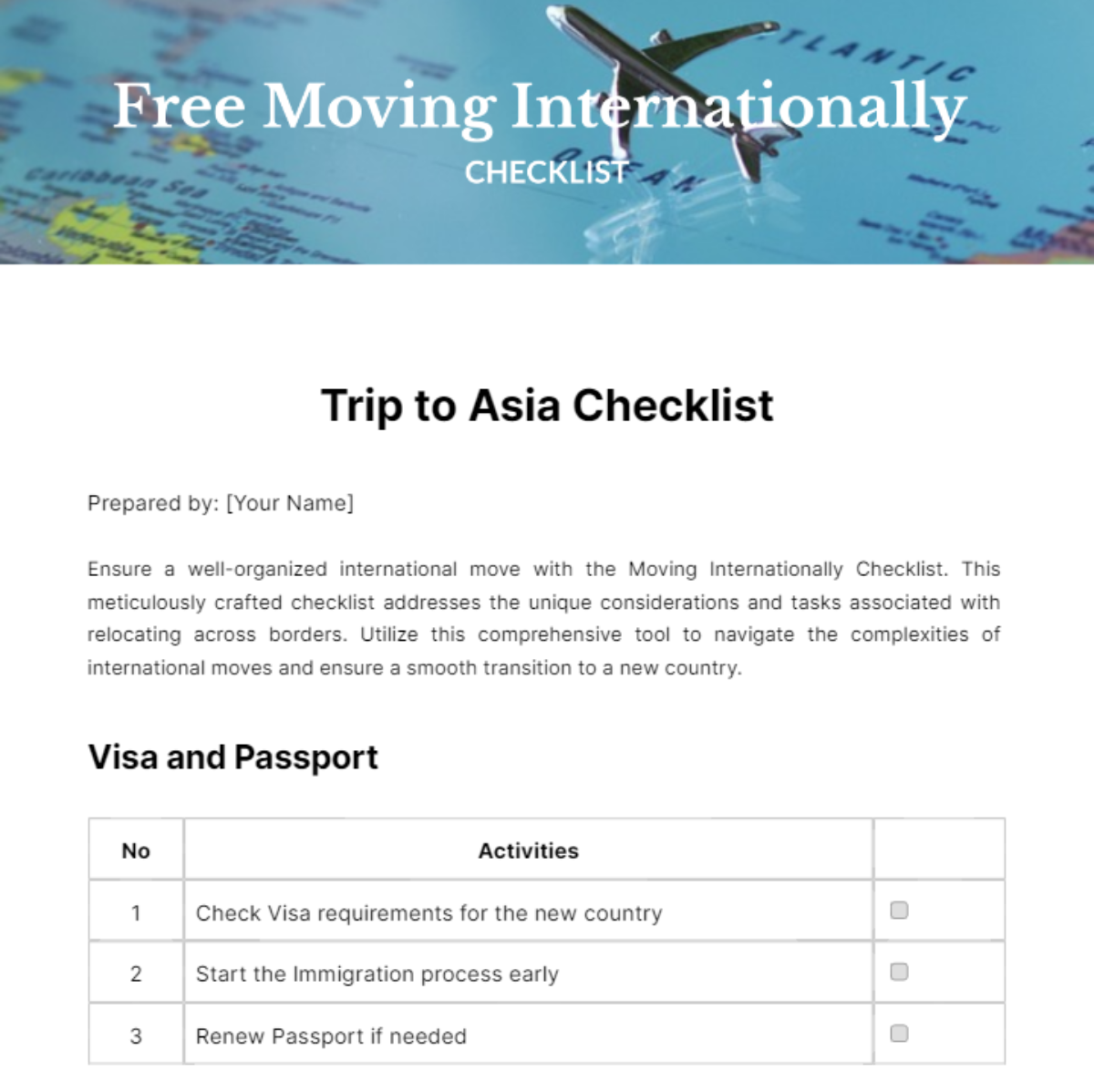 Moving Internationally Checklist Template