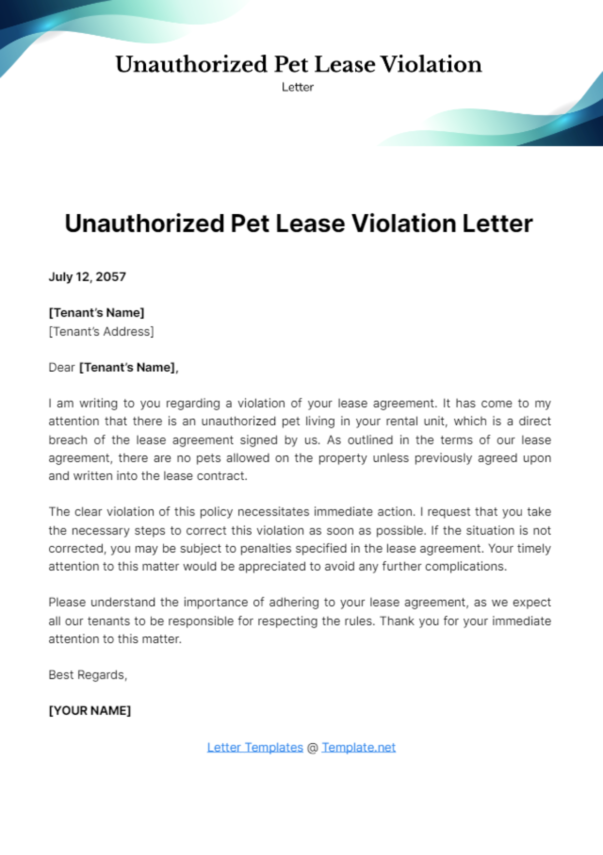 Free Unauthorized Pet Lease Violation Letter Template