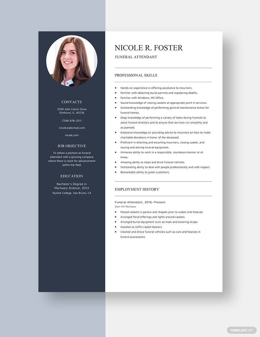 Funeral Attendant Resume in Word, Apple Pages