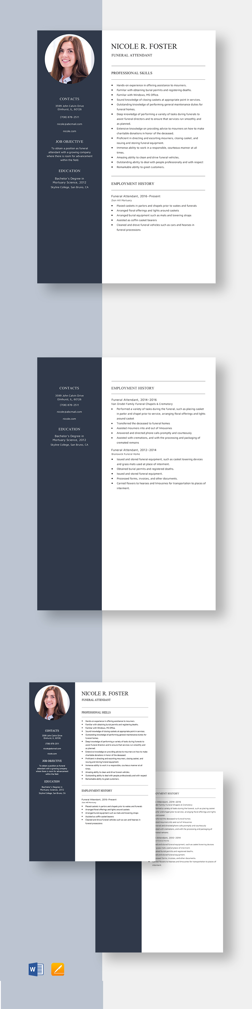 Free Funeral Attendant Resume Template Word, Apple Pages