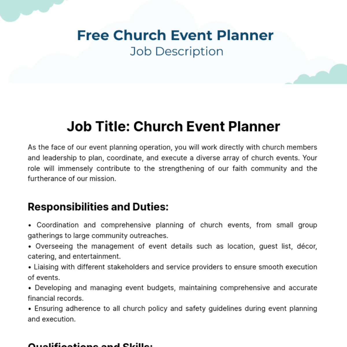 Church Event Planner Job Description Template