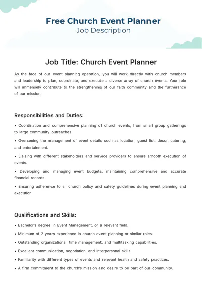Free Church Event Planner Job Description Template to Edit Online