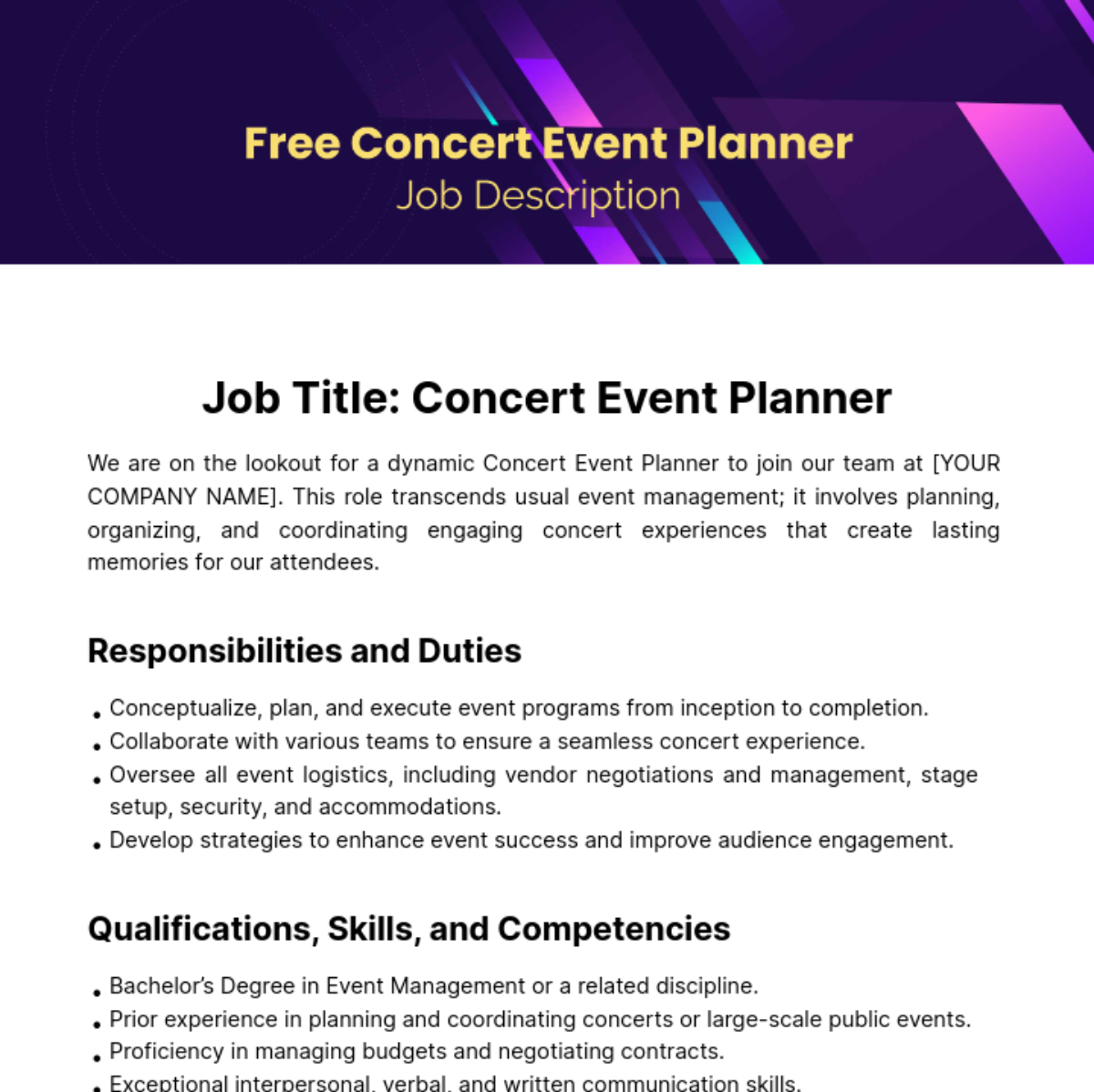 Concert Event Planner Job Description Template