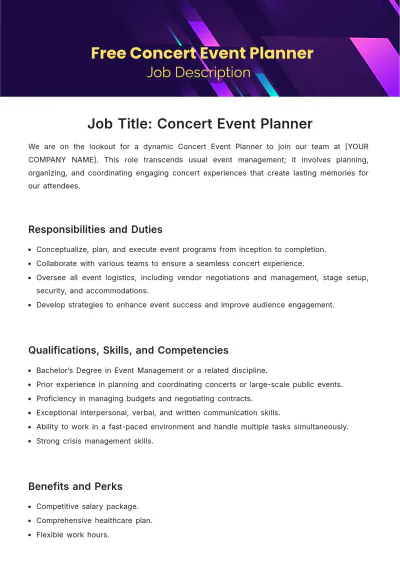 Free Concert Event Planner Job Description Template to Edit Online