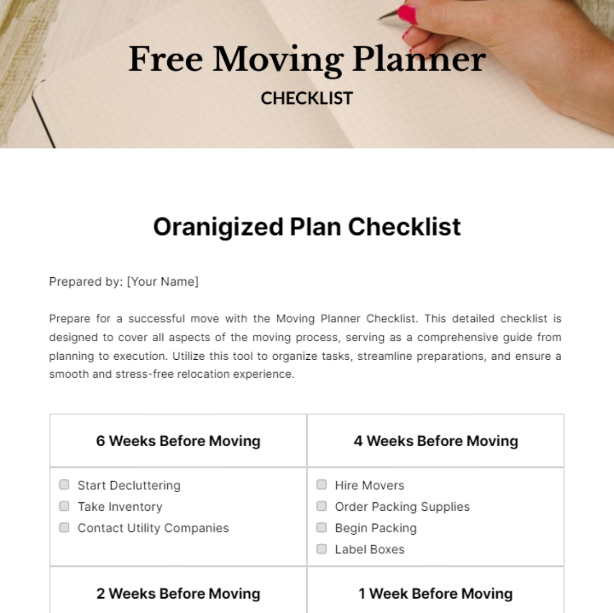 Moving Planner Checklist Template