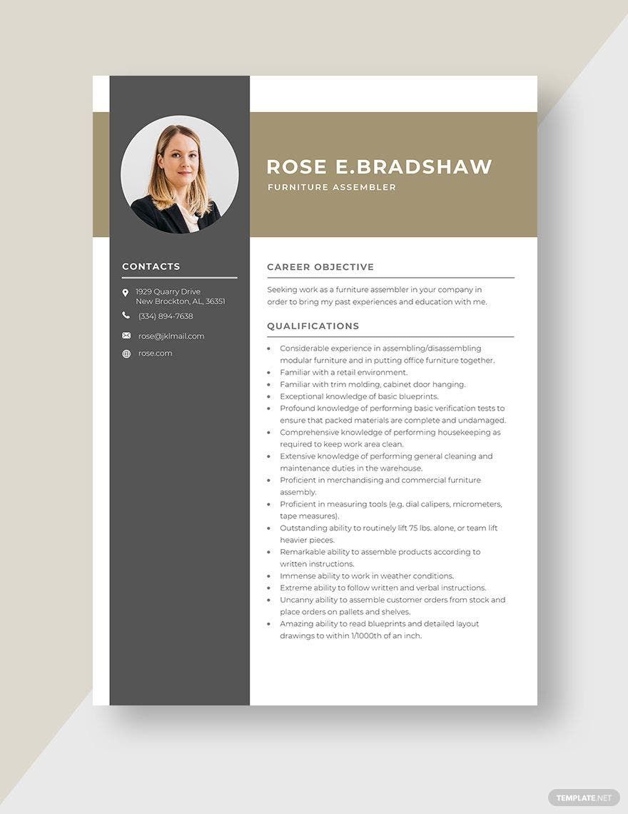 Furniture Assembler Resume in Word, Apple Pages