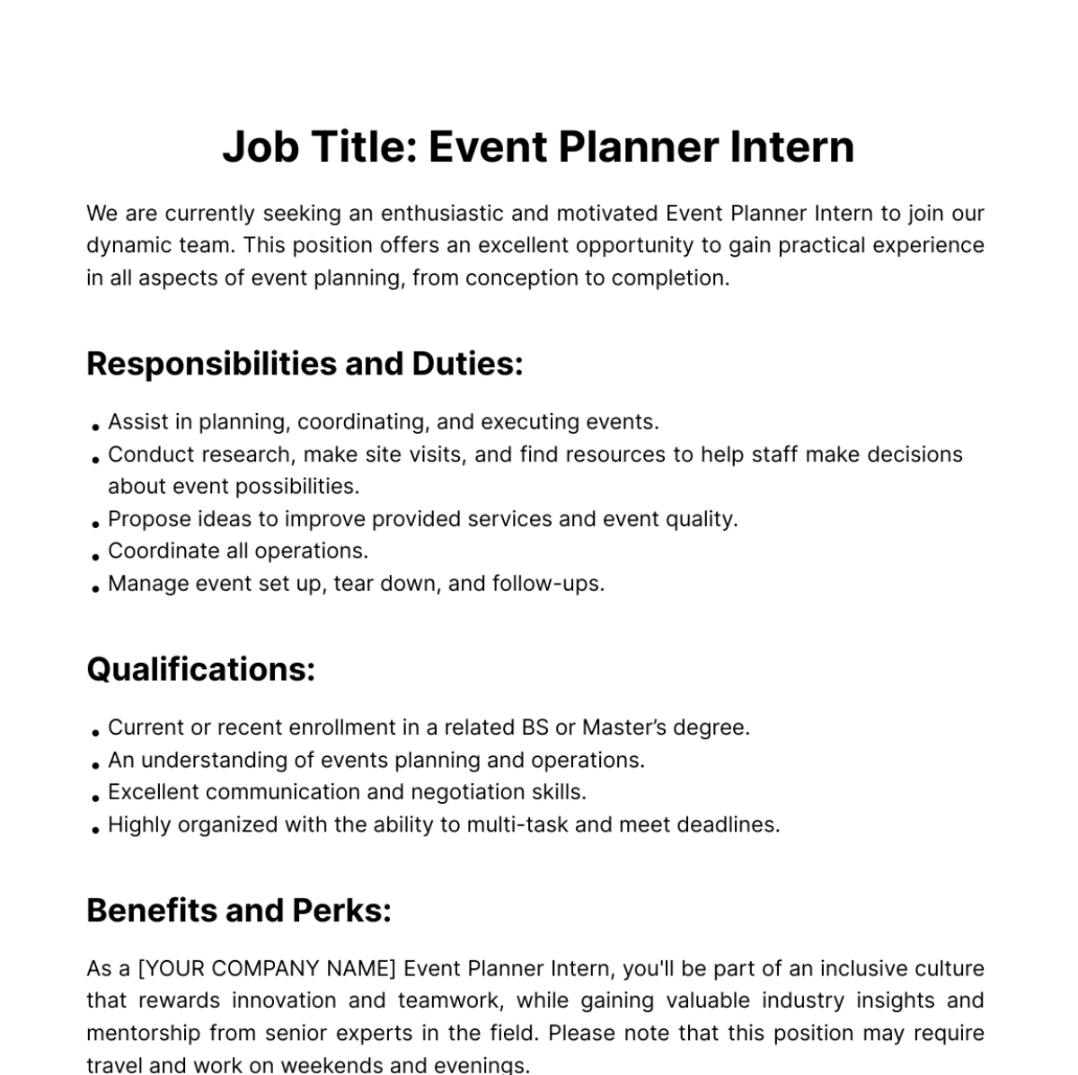 Free Event Planner Intern Job Description Template Edit Online