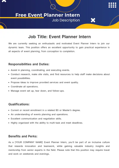 Free Event Planner Intern Job Description Template to Edit Online