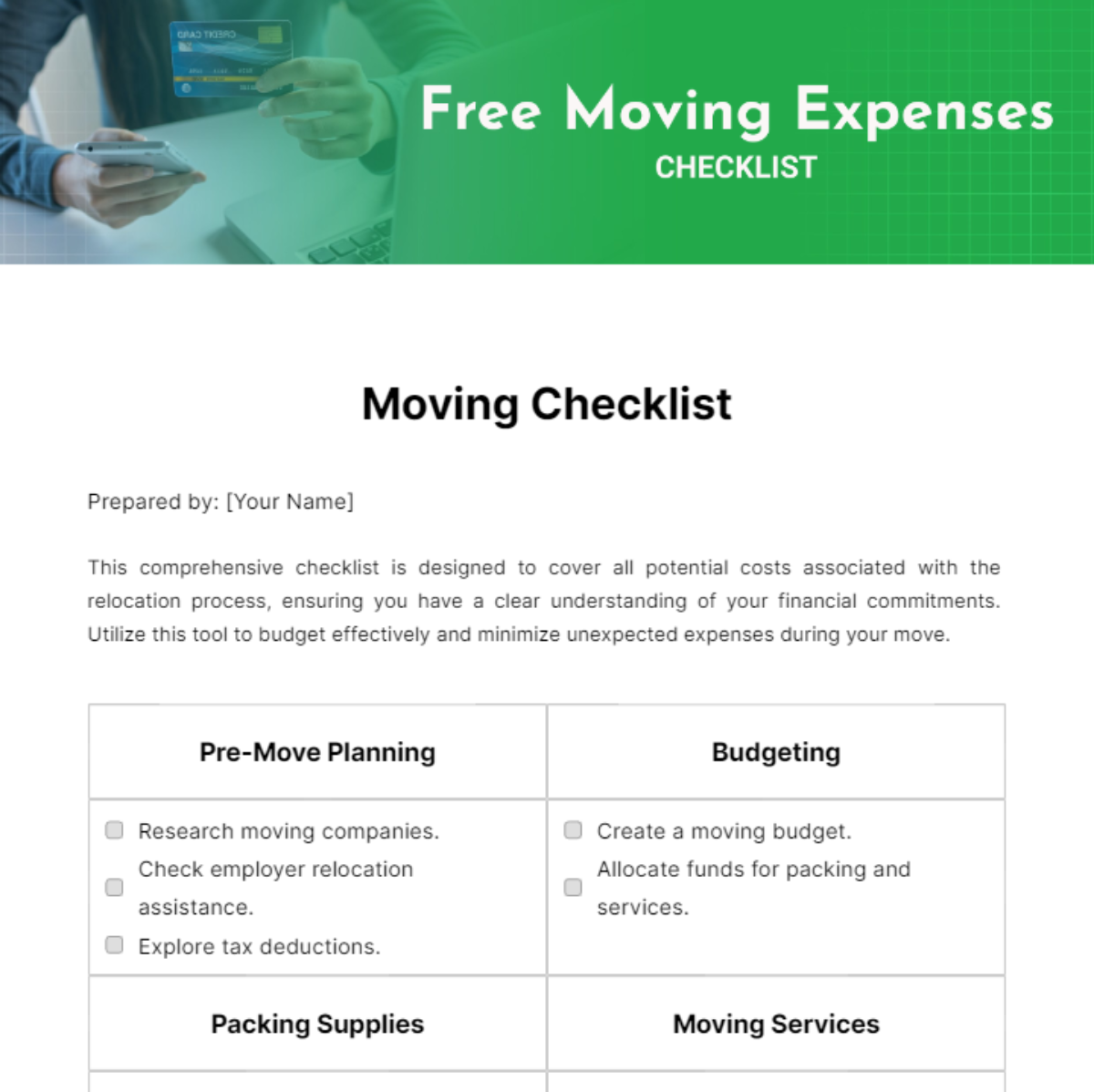 Moving Expenses Checklist Template