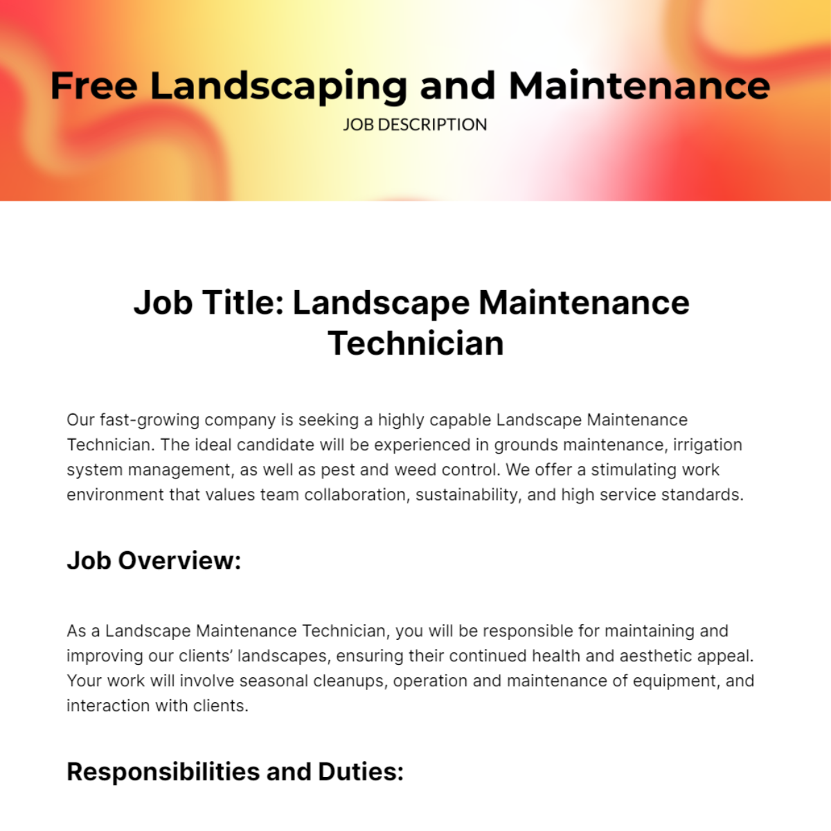 Landscaping and Maintenance Job Description Template