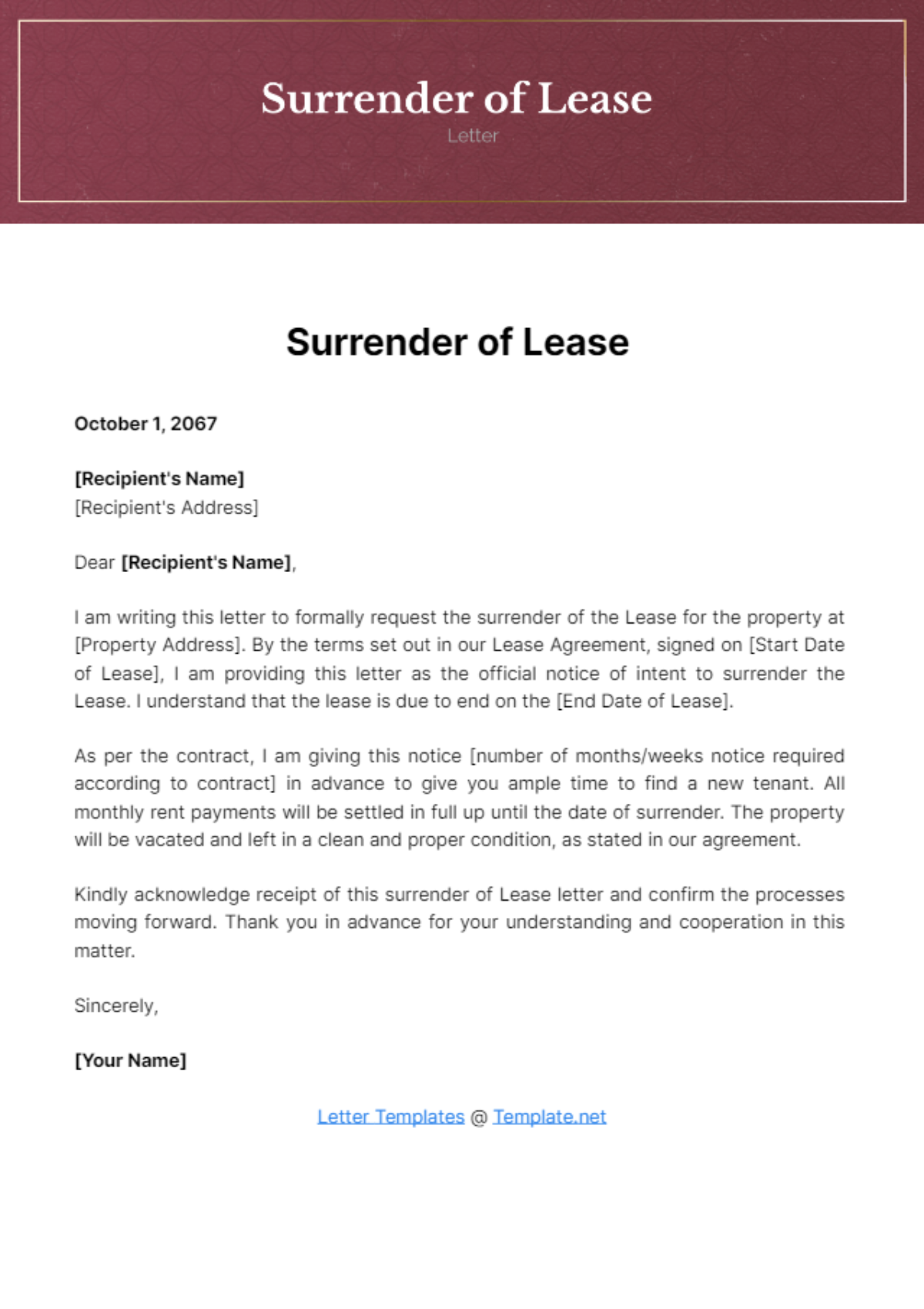 Surrender of Lease Letter Template