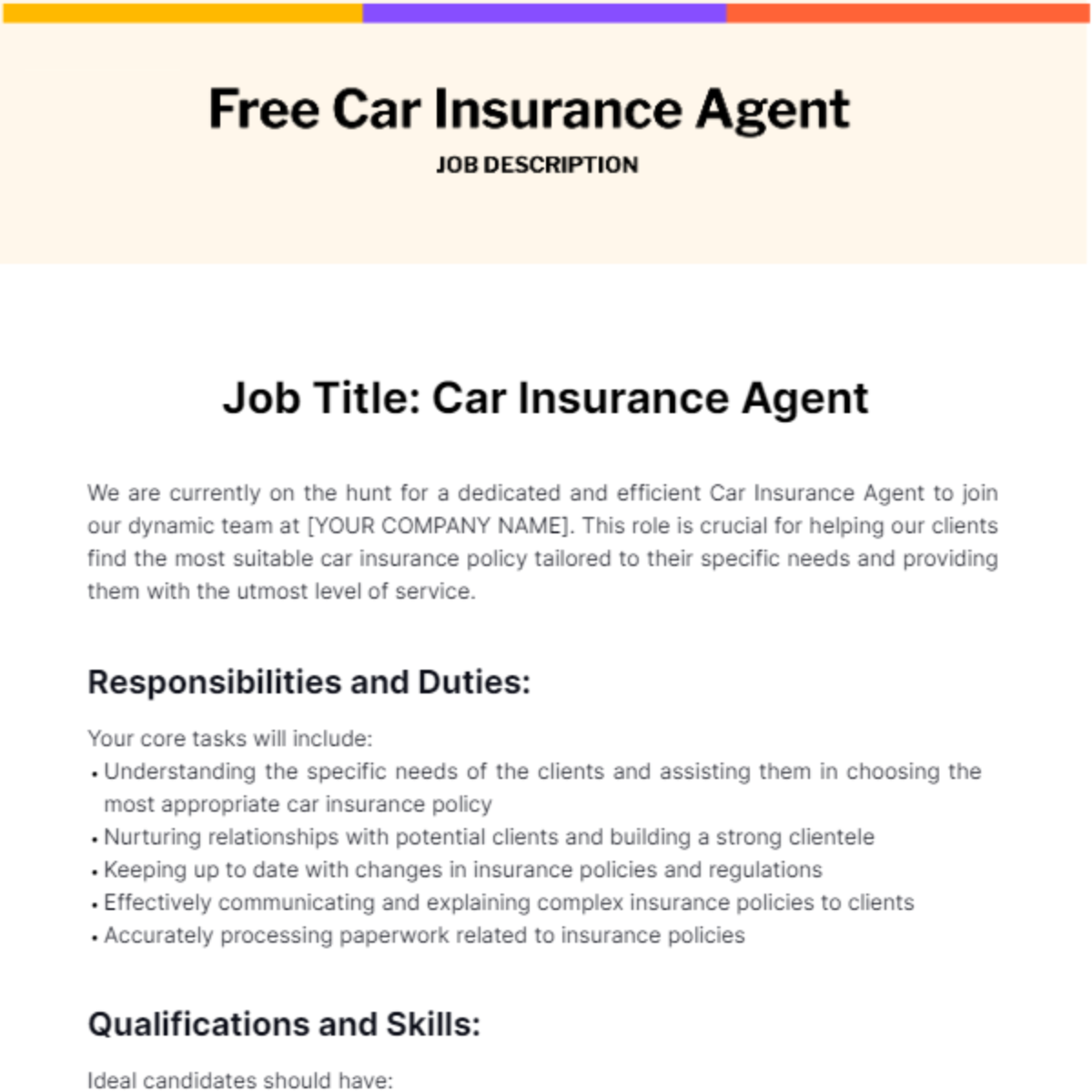 Car Insurance Agent Job Description Template