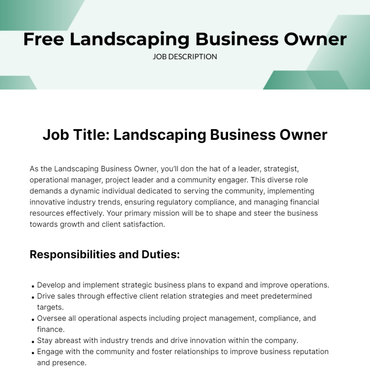 Landscaping Business Owner Job Description Template