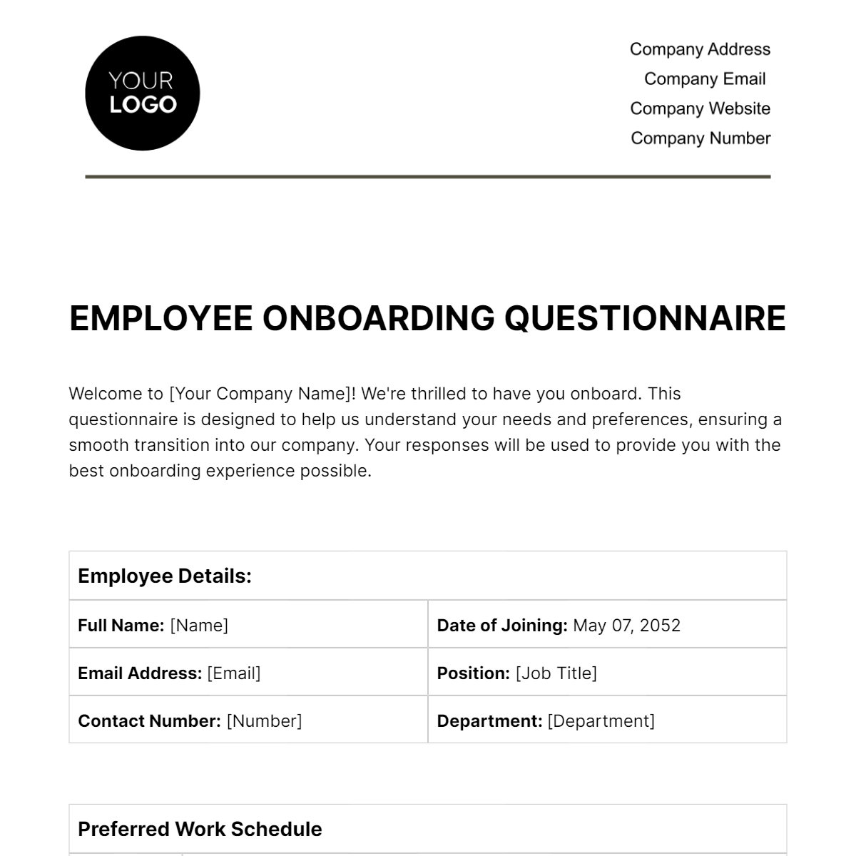 Employee Onboarding Questionnaire HR Template