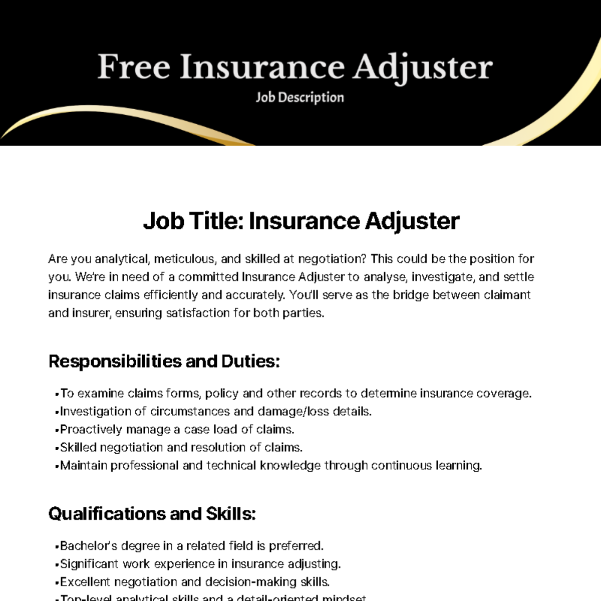 Insurance Adjuster Job Description Template