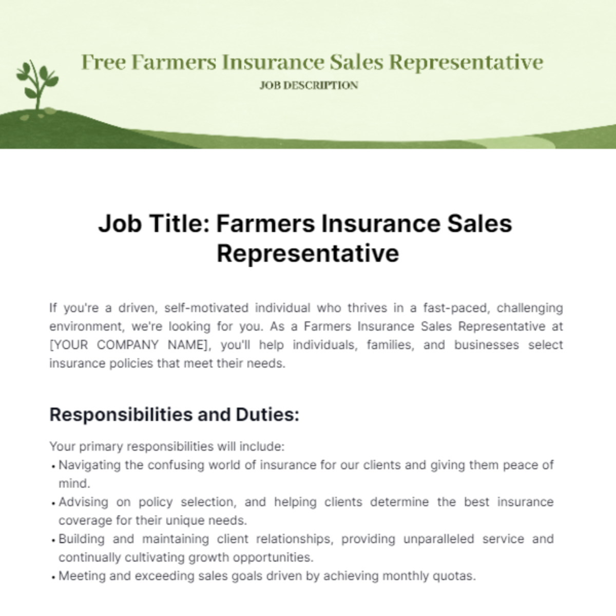 Free Farmers Insurance Sales Representative Job Description Template