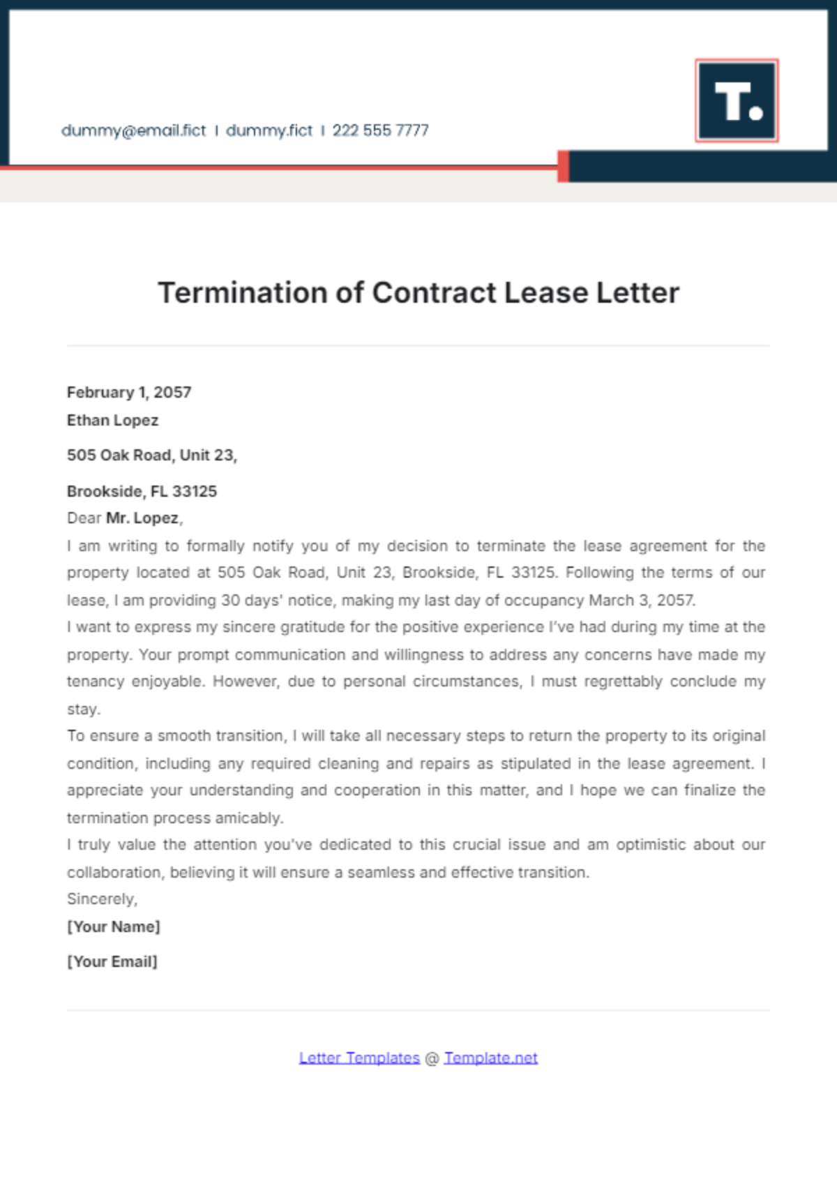 Termination of Contract Lease Letter Template