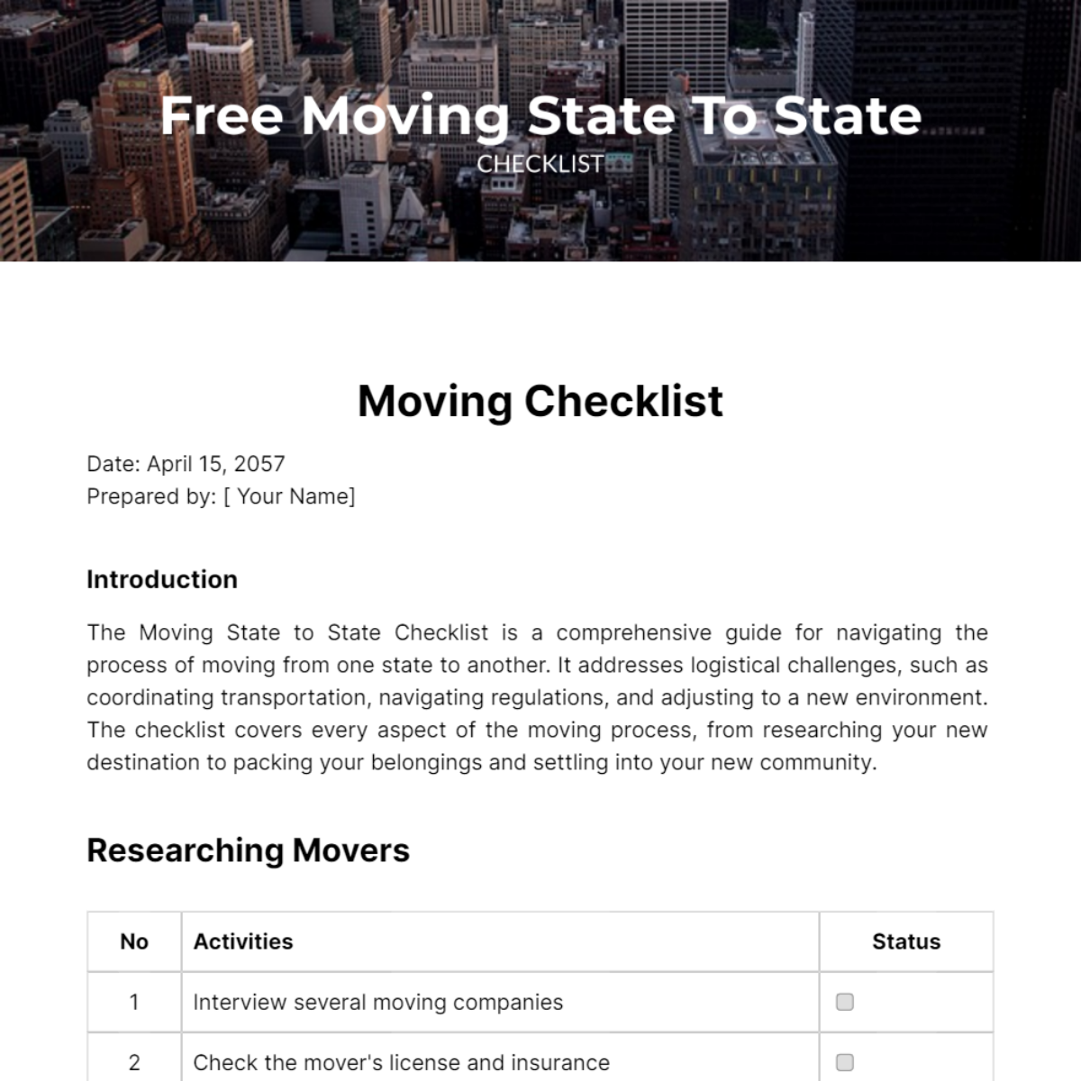 Moving State To State Checklist Template