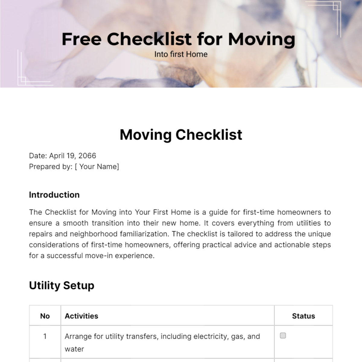 Checklist for Moving into first Home Template