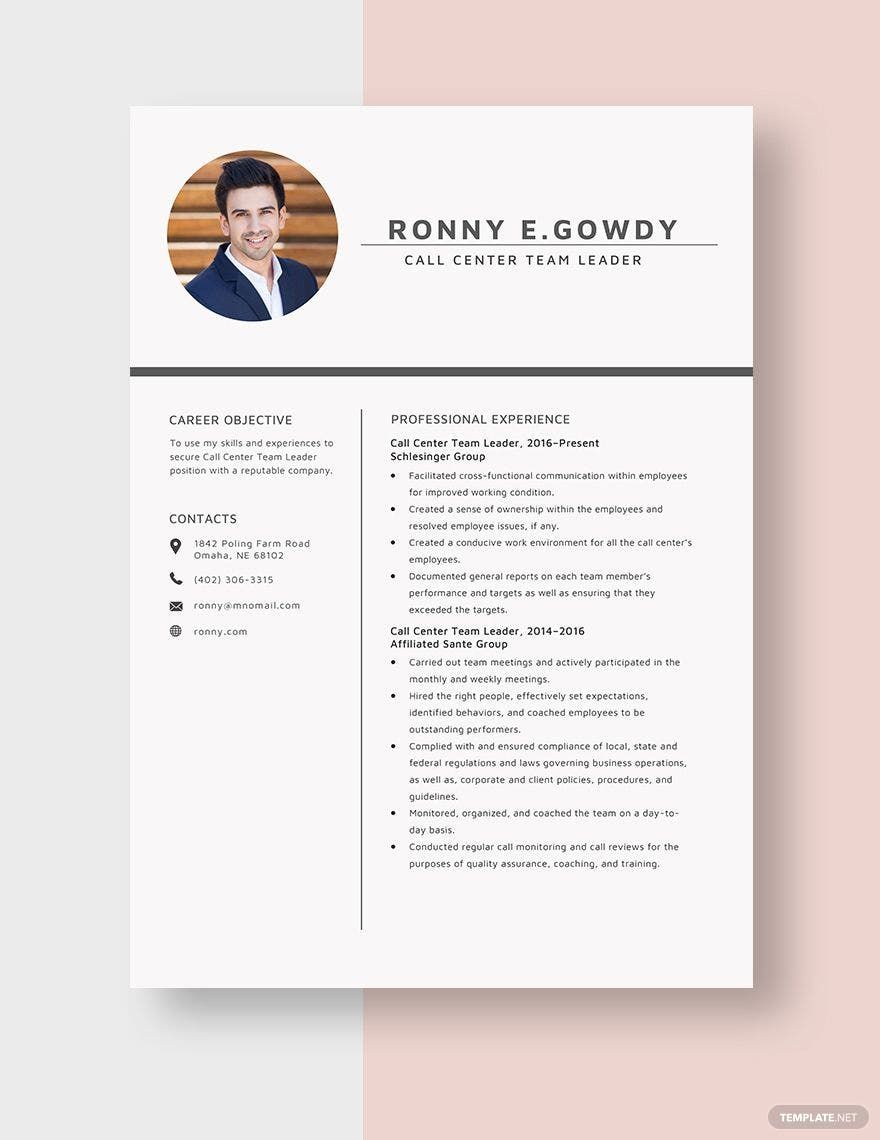 Free Call Center Team Leader Resume Download in Word, Apple Pages