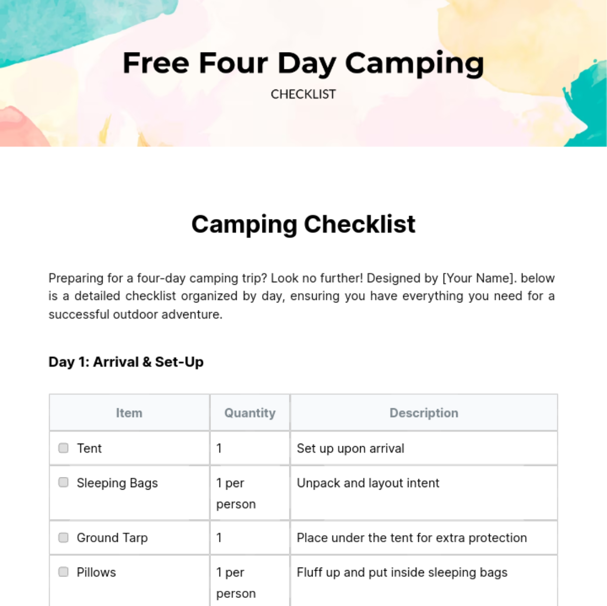 Four Day Camping Checklist Template