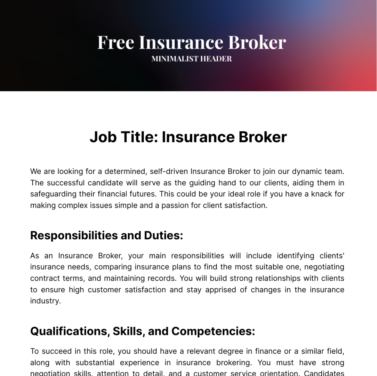 Free Insurance Broker Job Description Template