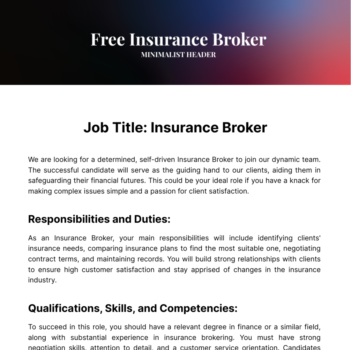 Insurance Broker Job Description Template Edit Online Download 