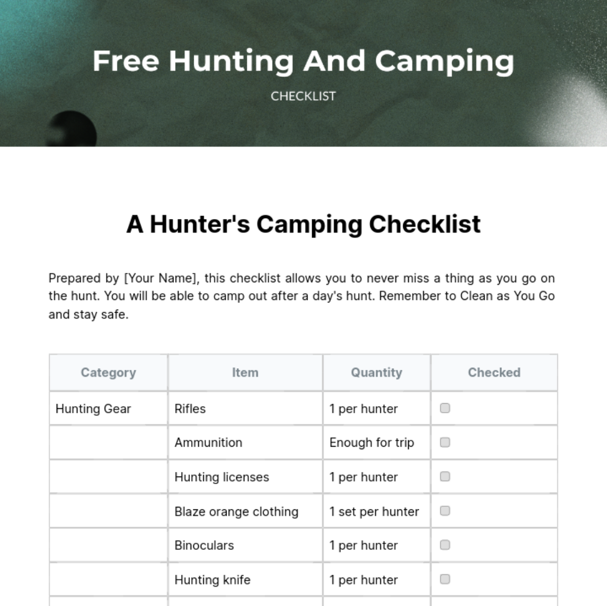 Free Hunting And Camping Checklist Template