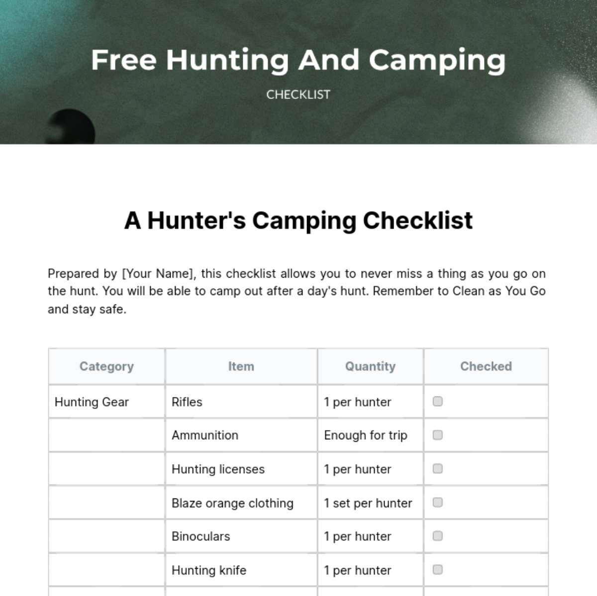 Hunting And Camping Checklist Template - Edit Online & Download